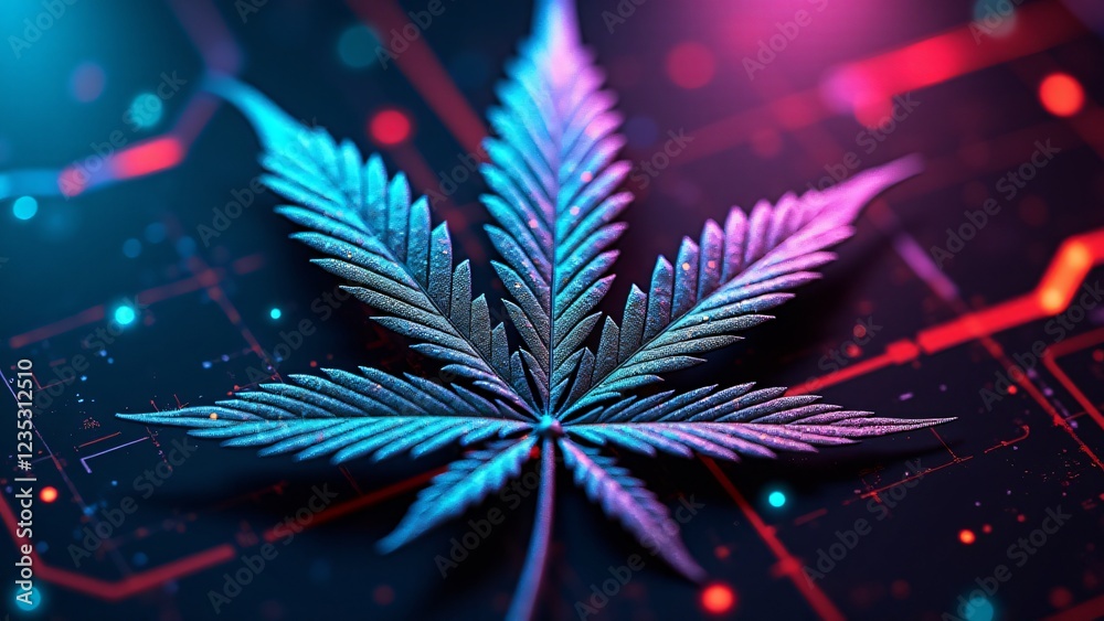 A marijuana leaf with a metallic texture reflecting RGB neon hues. Its surface shimmers under AI-powered circuits, blending futuristic cyber aesthetics with digital energy. A marijuana leaf with a metallic texture reflecting RGB neon hues. Its surface shimmers under AI-powered circuits, blending futuristic cyber aesthetics with digital energy.