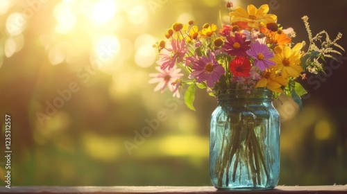 Colorful wildflowers in a blue glass jar at sunset photo