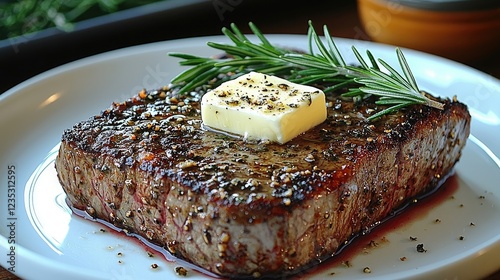 Juicy grilled steak topped with butter and rosemary on a rustic wooden table