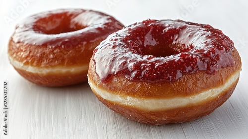 Delicious glazed donuts with raspberry topping on a white wooden table background