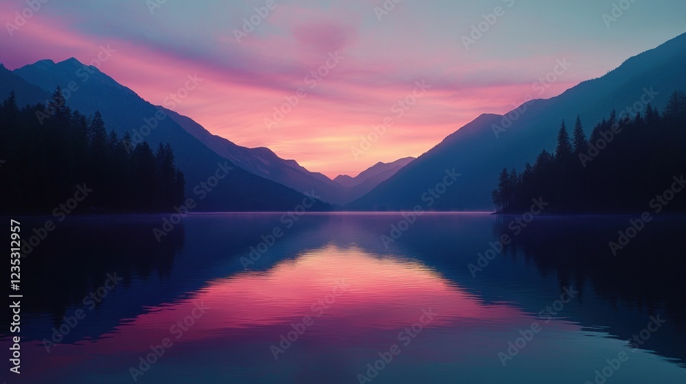 Fototapeta premium Serene Mountain Lake Sunset Landscape Silhouette