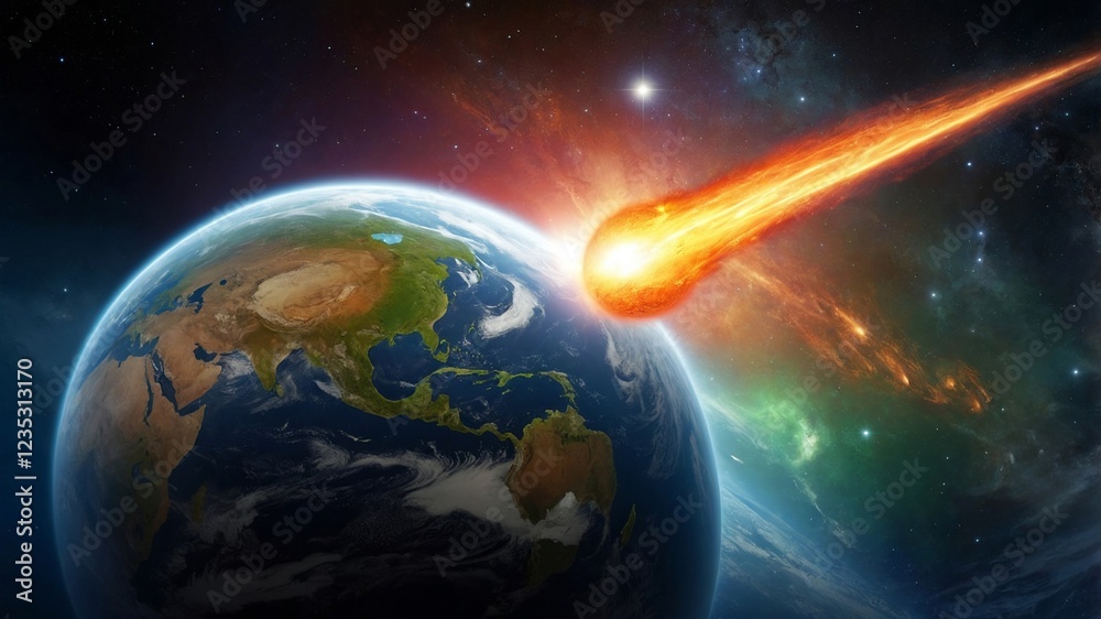 Fototapeta premium Dramatic space encounter earth and fiery meteor