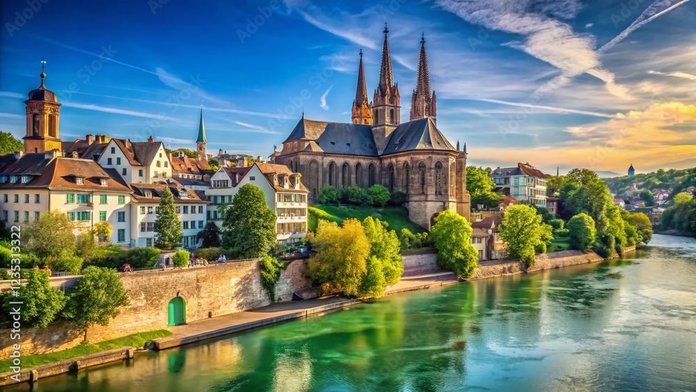 Obraz premium Majestic Basel Munster Church on Rhine River, Switzerland - Panoramic View