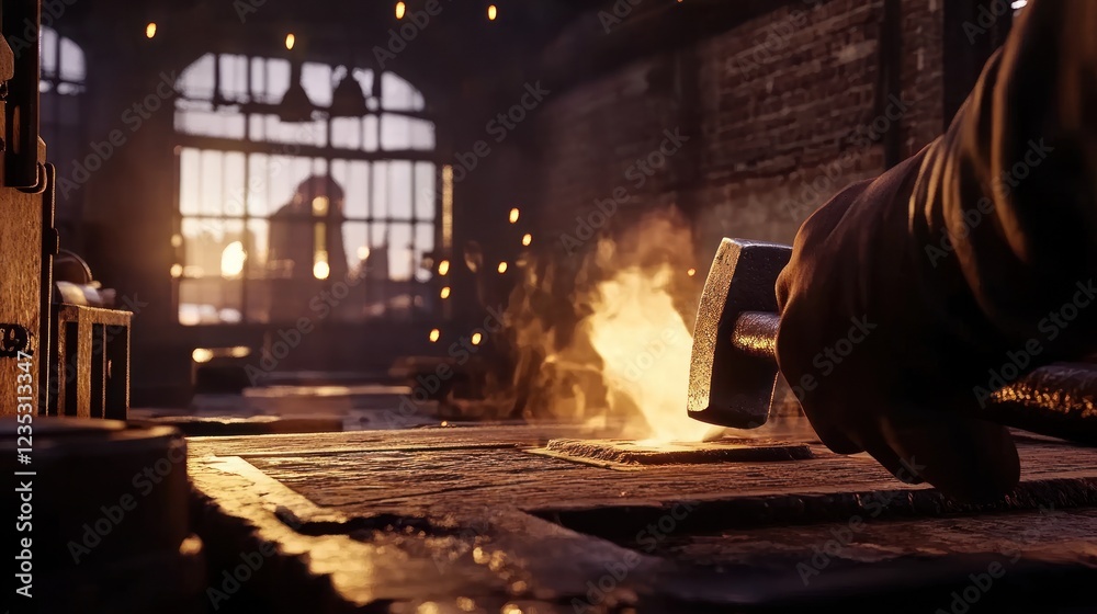 Blacksmith Forging Metal In An Industrial Setting Blacksmith Forging Metal In An Industrial Setting
