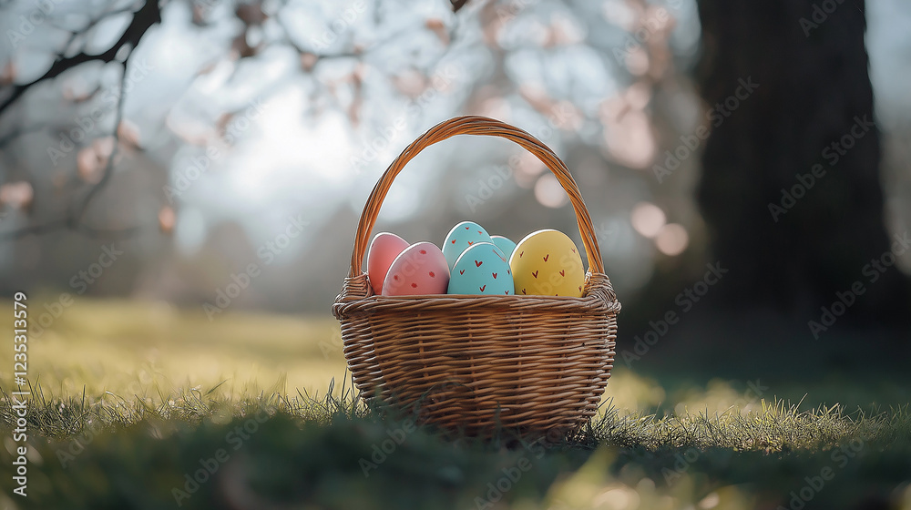 Wicker basket filled with colorful pastel Easter eggs resting on green grass, symbolizing holiday traditions, egg hunt, springtime celebration, and festive family joy outdoors. Wicker basket filled with colorful pastel Easter eggs resting on green grass, symbolizing holiday traditions, egg hunt, springtime celebration, and festive family joy outdoors.