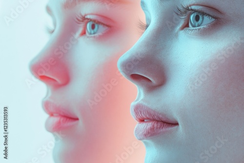 Contrast of youth and age captured in two faces highlighting signs of aging alongside smooth skin in a serene setting. Generative AI photo