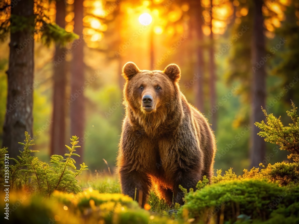 Obraz premium Majestic Brown Bear in Summer Forest at Sunrise