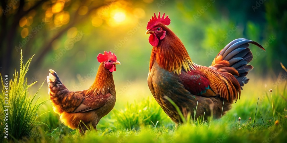 Fototapeta premium Majestic Brown Red Marans Rooster and Hen on Lush Green Grass - French Breed Poultry
