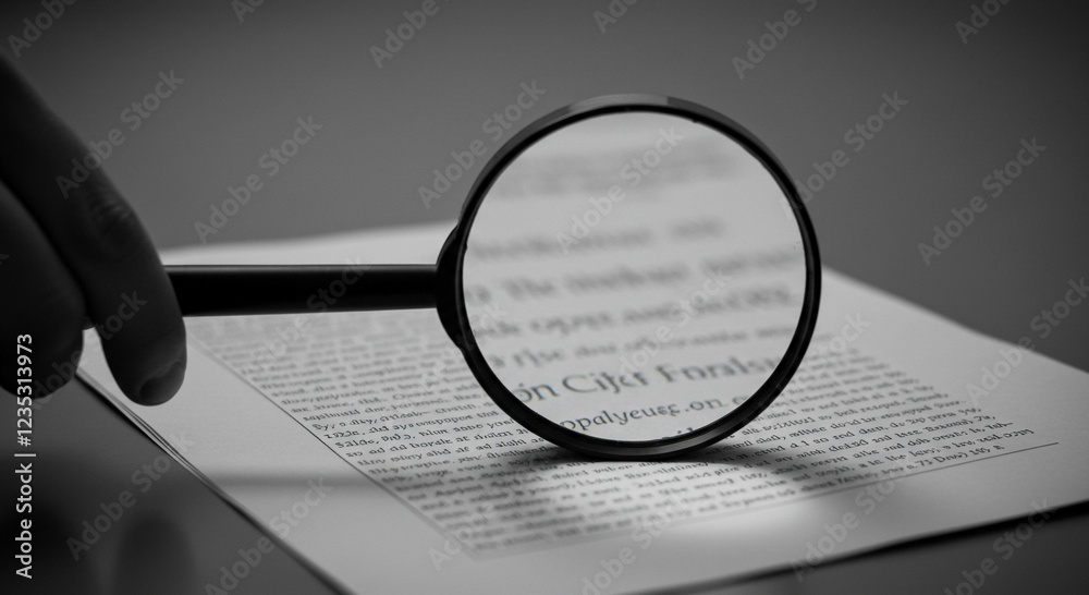 Fototapeta premium Magnifying Glass Examining Detailed Text on Document Close up View