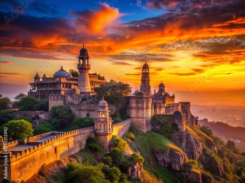 Majestic Chittorgarh Fort Silhouette at Sunset - Rajasthan, India photo