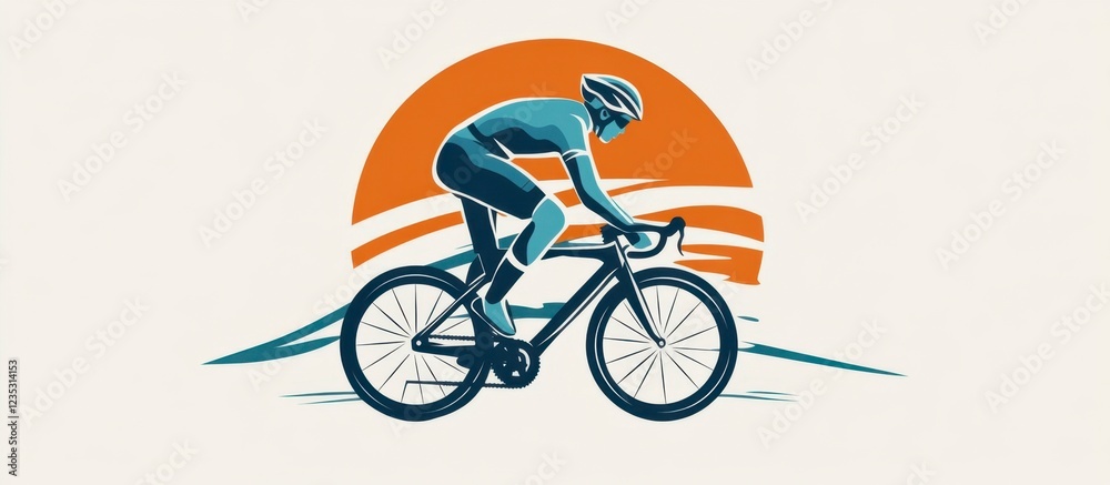 Fototapeta premium Smiling Cyclist Riding Bicycle at Sunset Minimalist Icon