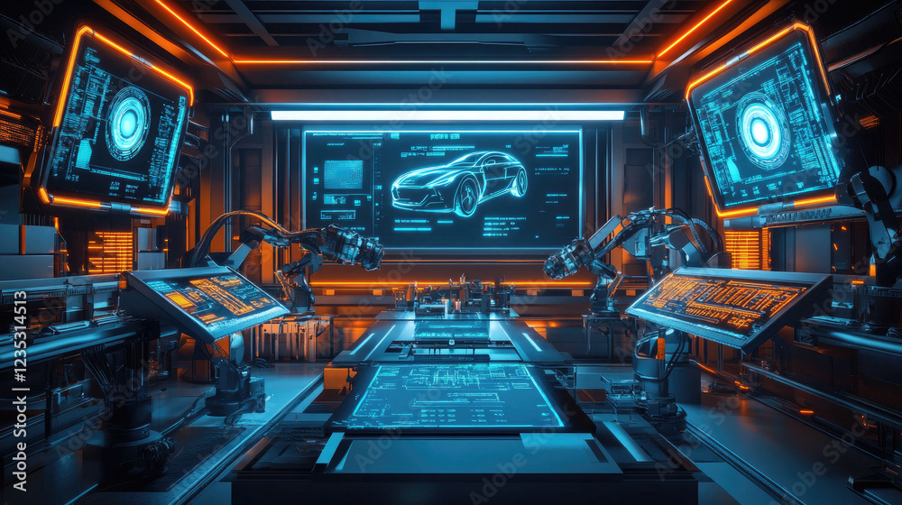 Fototapeta premium Futuristic Robotic Car Manufacturing Assembly Line with Advanced AI Technology