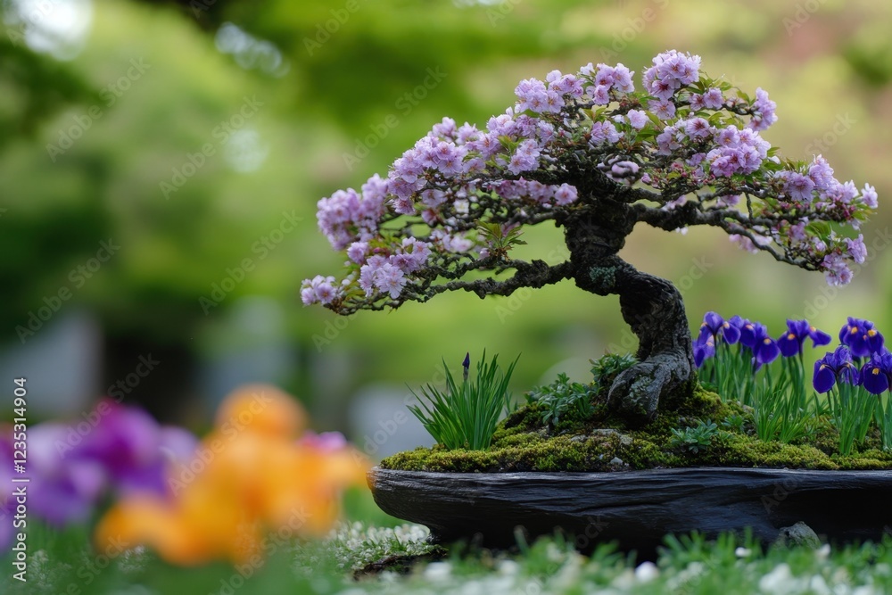 Obraz premium Blooming Bonsai Tree With Purple Irises