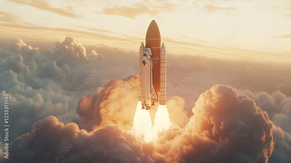 Obraz premium Space Shuttle Ascending Through Golden Clouds
