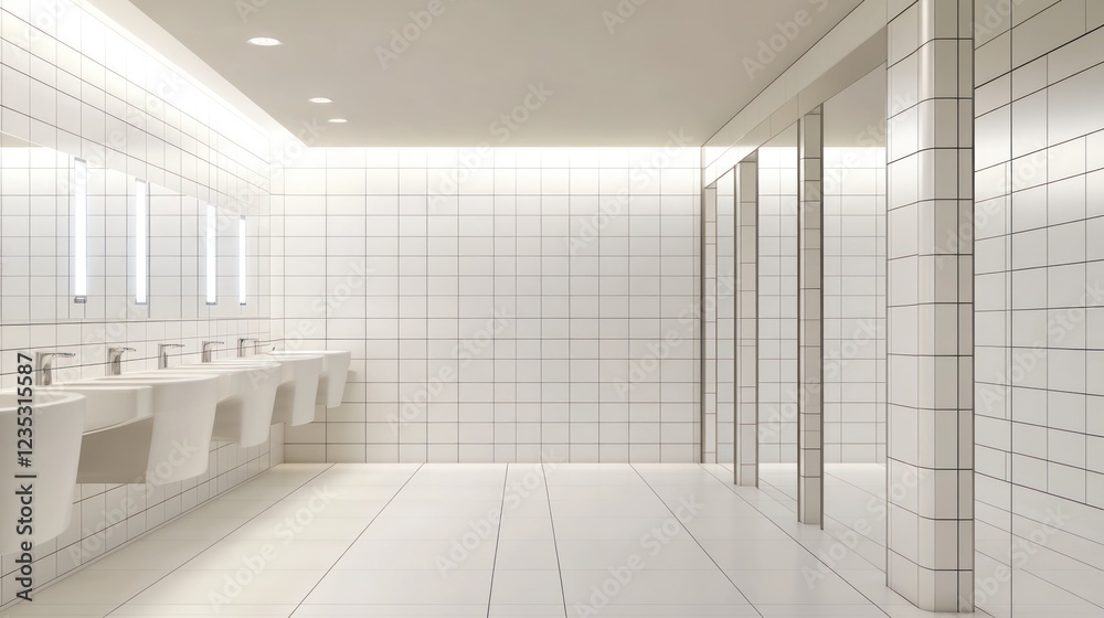 Obraz premium Modern White Tiled Bathroom With Multiple Sinks