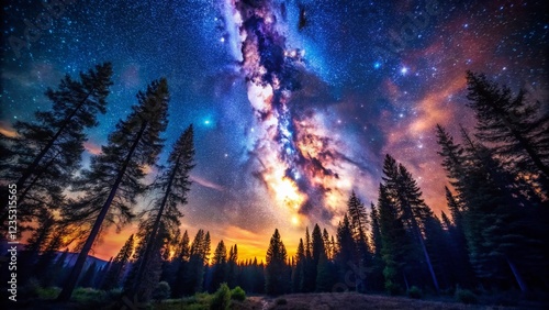 Majestic Milky Way Galaxy Arching Over a Dark Forest at Night