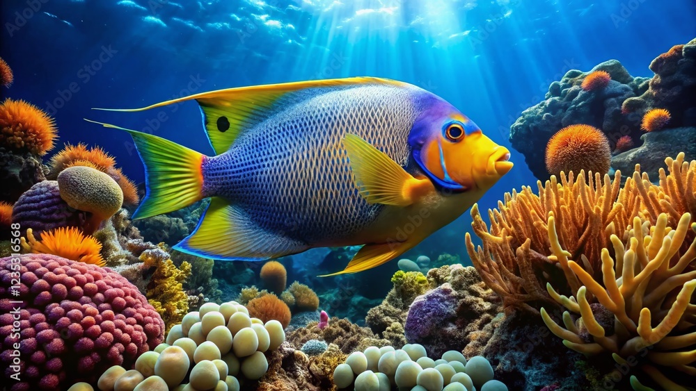 Fototapeta premium Majestic Queen Angelfish Gracefully Swimming Amidst Vibrant Coral Reef