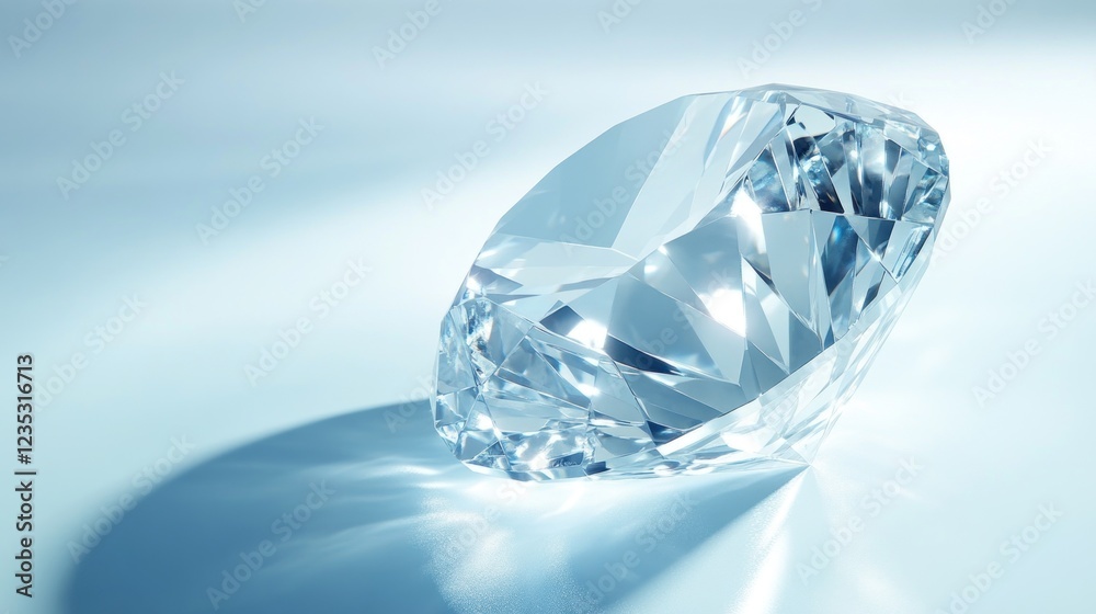 A single brilliant cut diamond rests on a pale blue surface A single brilliant cut diamond rests on a pale blue surface