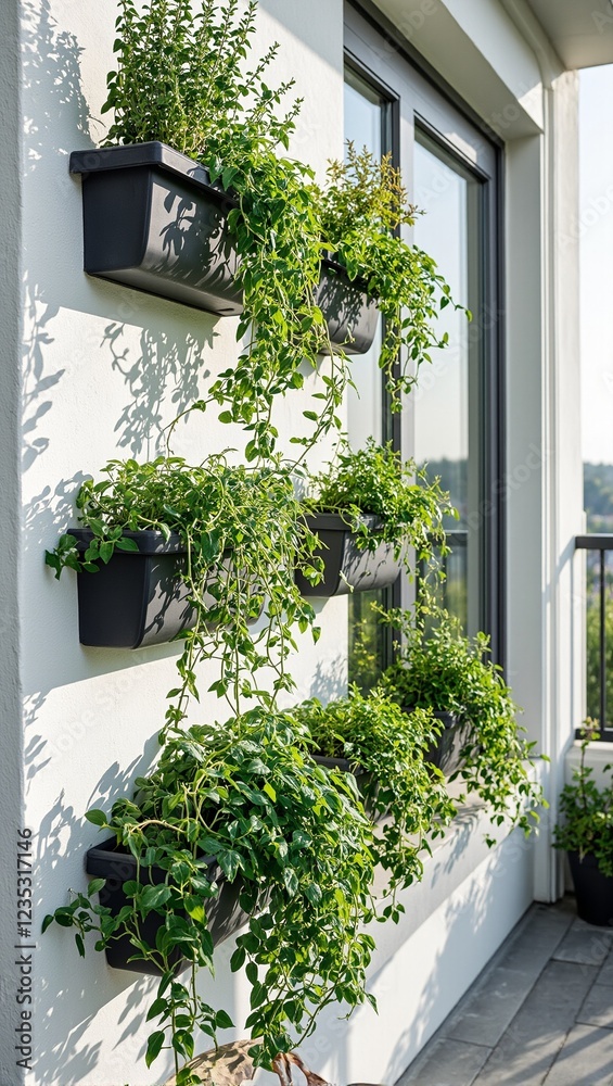 Fototapeta premium Vertical planters with oregano thyme and mint cascading over a modern balcony wall