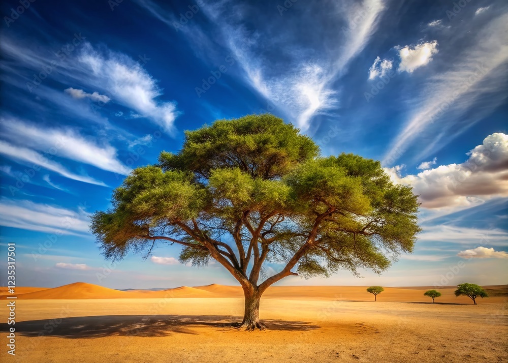 Majestic Tree in Desert Oasis Offering Shelter Under Expansive Blue Sky Majestic Tree in Desert Oasis Offering Shelter Under Expansive Blue Sky