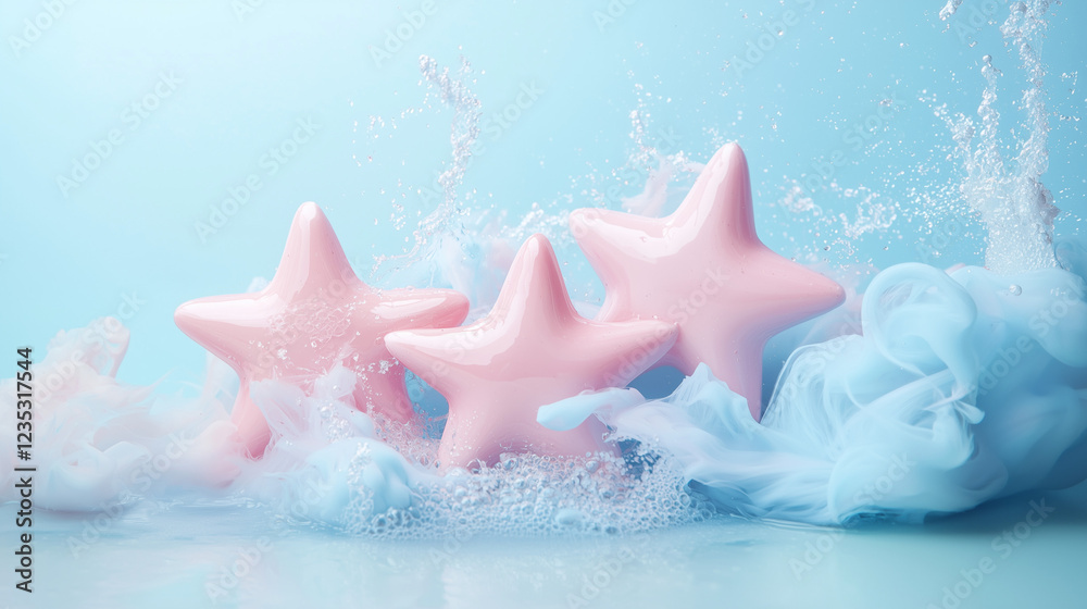 Light Blue Pastel Background with Pink Stars, Banner with Copy Space Light Blue Pastel Background with Pink Stars, Banner with Copy Space
