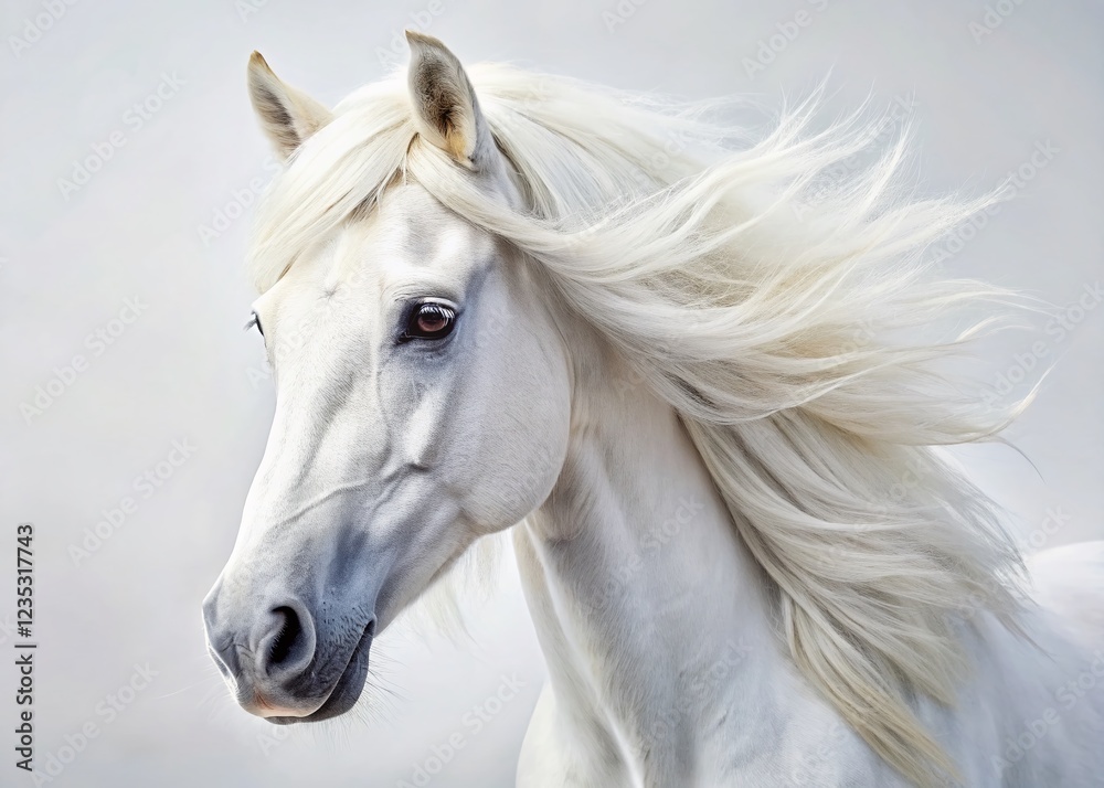 Obraz premium Majestic White Horse Portrait: Close-Up Study of a Purebred Stallion