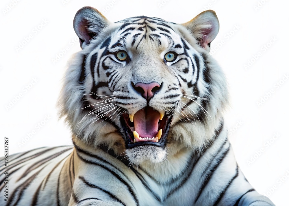Fototapeta premium Majestic White Tiger Roaring with Mouth Wide Open on Isolated Background