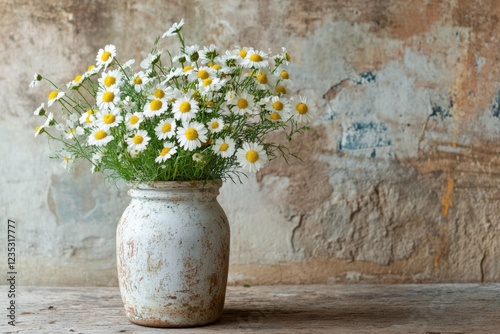 Daisies in a rustic vase against a textured wall