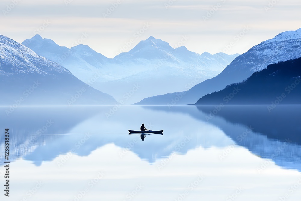 Serene Mountain Lake with Kayaker Serene Mountain Lake with Kayaker