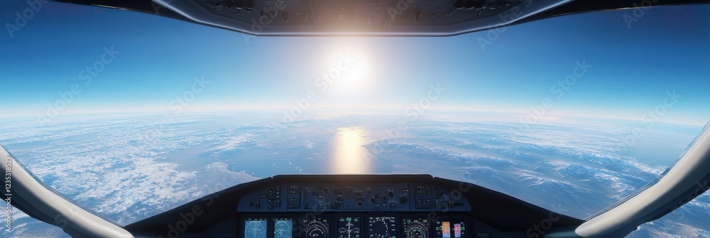 Fototapeta premium Aerial view from cockpit during sunrise over clouds with ocean reflection. Generative AI