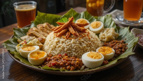 Beautifully Arranged Malaysian Iftar Platter with Nasi Lemak, Sambal, Fried Anchovies & Teh Tarik photo