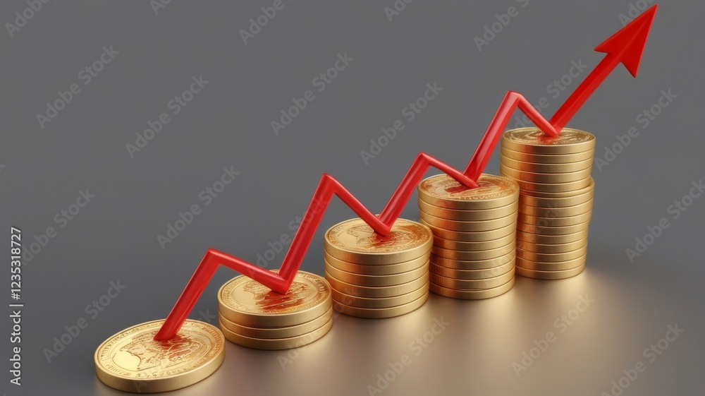 Financial growth representation with gold coins and red arrow Financial growth representation with gold coins and red arrow