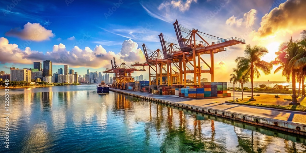 Obraz premium Miami Industrial Docks Museum Park: High-Resolution Stock Photo of Historic Waterfront Cranes and Shipping Infrastructure