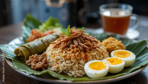 Beautifully Arranged Malaysian Iftar Platter with Nasi Lemak, Sambal, Fried Anchovies & Teh Tarik photo