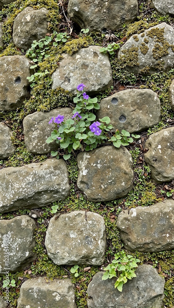 Fototapeta premium Tranquil cobblestone wall with moss violets