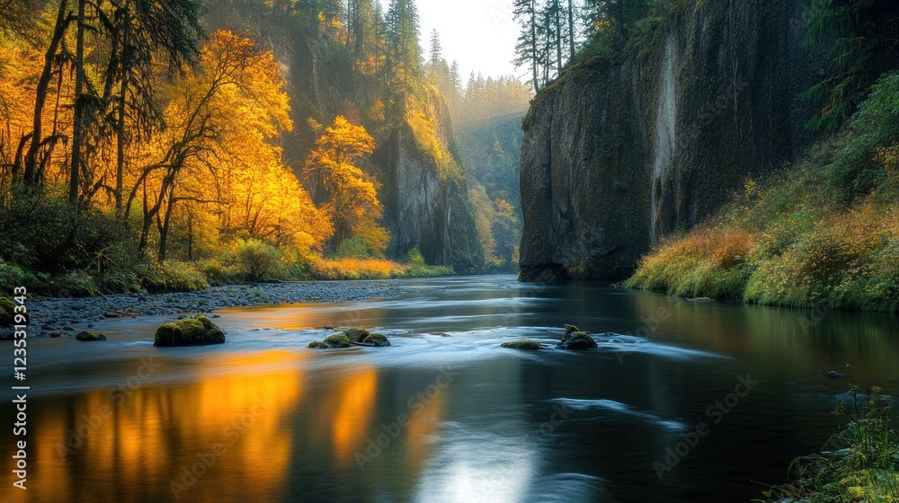 Fototapeta premium Autumn River Gorge Reflecting Golden Sunlight