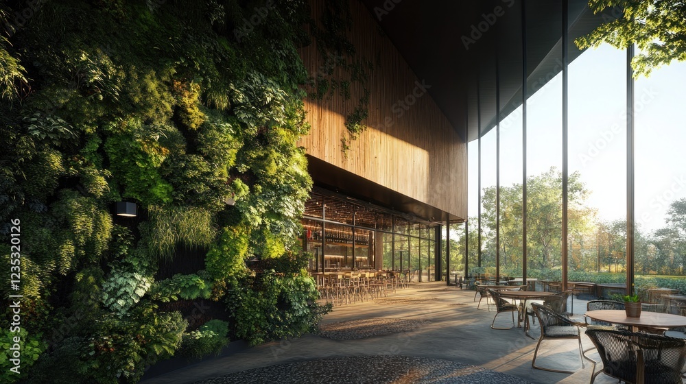 Modern Restaurant Design With Lush Green Wall Modern Restaurant Design With Lush Green Wall