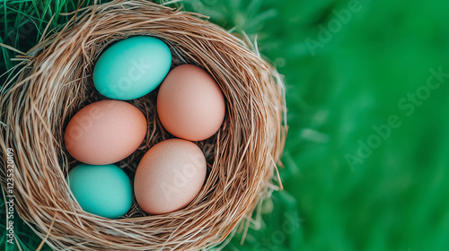 olorful Easter eggs resting in green grass nest, celebrating holiday tradition, spring, renewal, nature, joy, and festive seasonal decoration with natural organic textures. photo