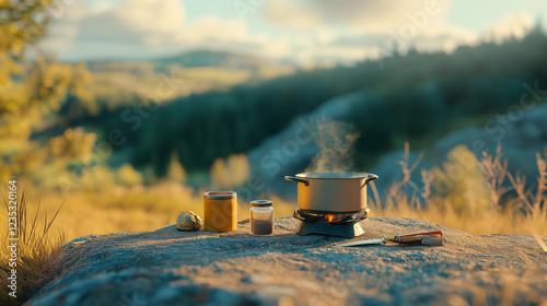 Lightweight camping stove with a simmering metal pot, collapsible cup, pocket knife, and spice container on a flat rock, with a blurred forest and distant hills, and a soft breeze moving the grass.