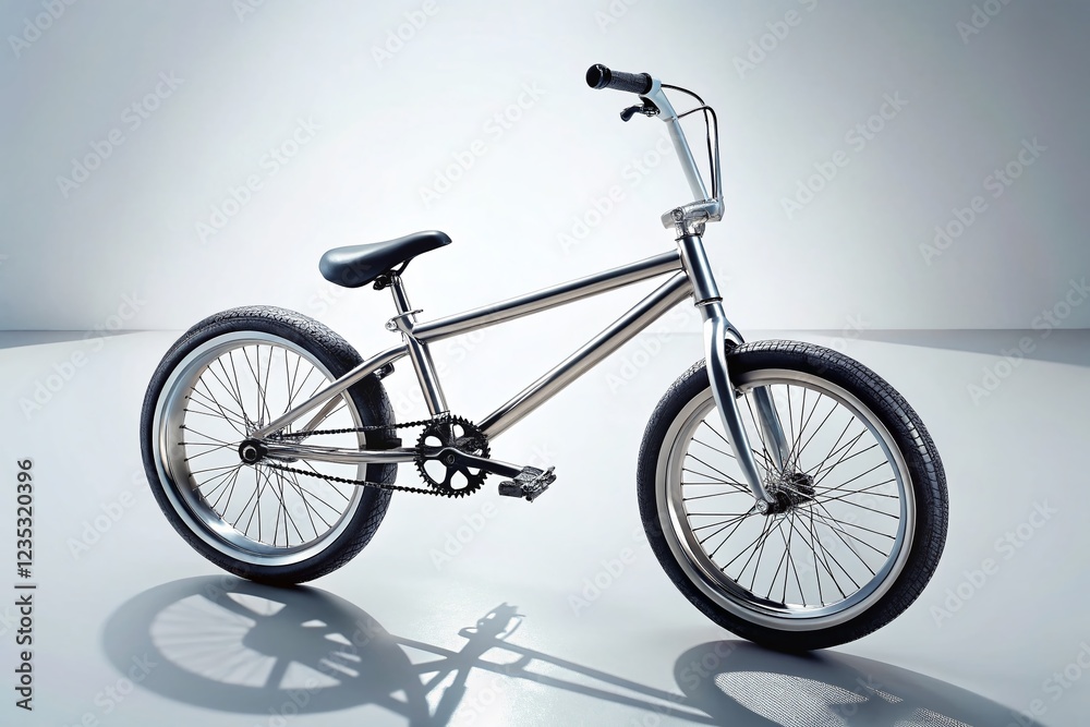 Fototapeta premium Minimalist BMX Bike Photography: Chrome Frame Against White Background