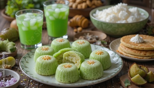 Traditional Indonesian Takjil Snacks for Iftar with Klepon, Es Cendol, and Serabi in Vibrant Lighting photo