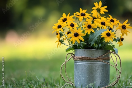 Yellow Black Eyed Susans in a Rustic Metal Container photo