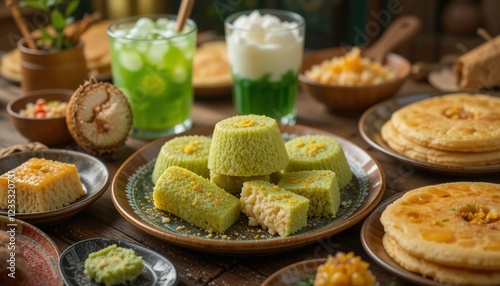 Traditional Indonesian Takjil Snacks for Iftar with Klepon, Es Cendol, and Serabi in Vibrant Lighting photo