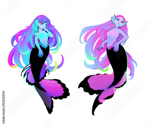 Painted bright mermaids with long flowing hair