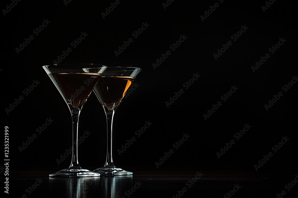 Elegant Martini Glasses with Dark Cocktail on Black Background Elegant Martini Glasses with Dark Cocktail on Black Background