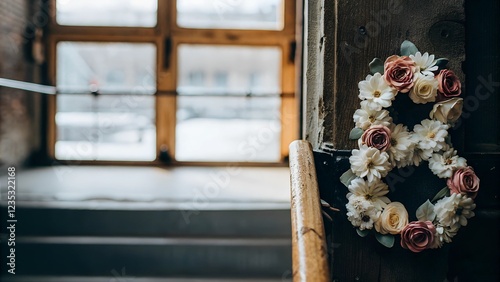 Beautiful floral wreath on a wooden railing with a cozy interior background photo