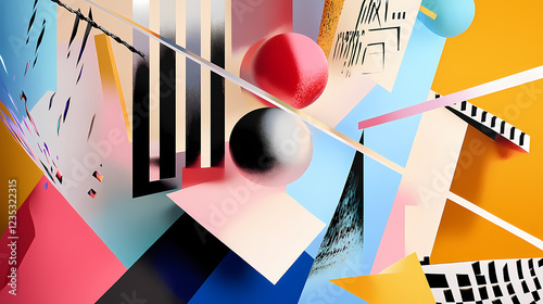 Fototapeta Naklejka Na Ścianę i Meble -  Vibrant abstraction geometric 3d exploration of colors and shapes in a dynamic cubist scene, depicting a modern artistic masterpiece. Cubist Abstraction. Illustration
