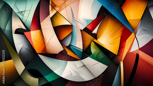 Fototapeta Naklejka Na Ścianę i Meble -  Vibrant abstraction geometric 3d exploration of colors and shapes in a dynamic cubist scene, depicting a modern artistic masterpiece. Cubist Abstraction. Illustration
