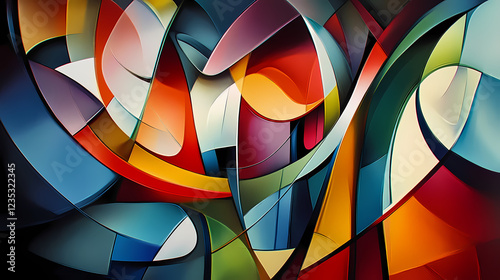Fototapeta Naklejka Na Ścianę i Meble -  Vibrant abstraction geometric 3d exploration of colors and shapes in a dynamic cubist scene, depicting a modern artistic masterpiece. Cubist Abstraction. Illustration