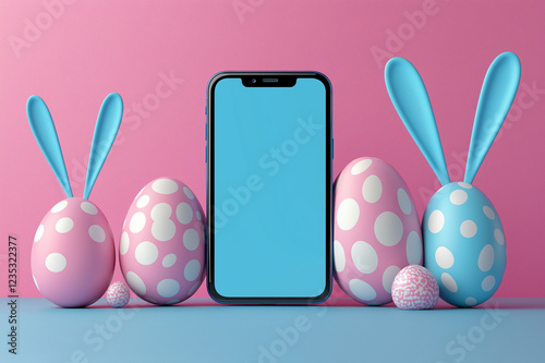 Easter-themed smartphone mockup with pastel decorated eggs, pink background, adorable bunny figurines, spring holiday celebration, digital design template, festive creativity, seasonal charm, joy. photo